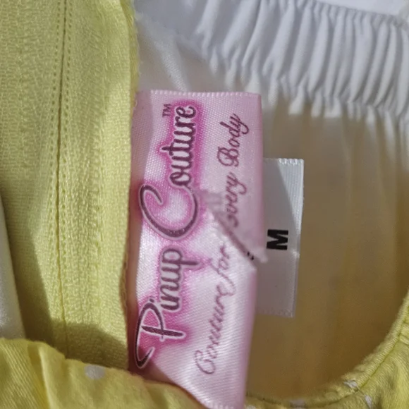 Medium Pinup Couture Pinup Girl Clothing YellowWhite Polka DotTie Front Sundress - Picture 3 of 4